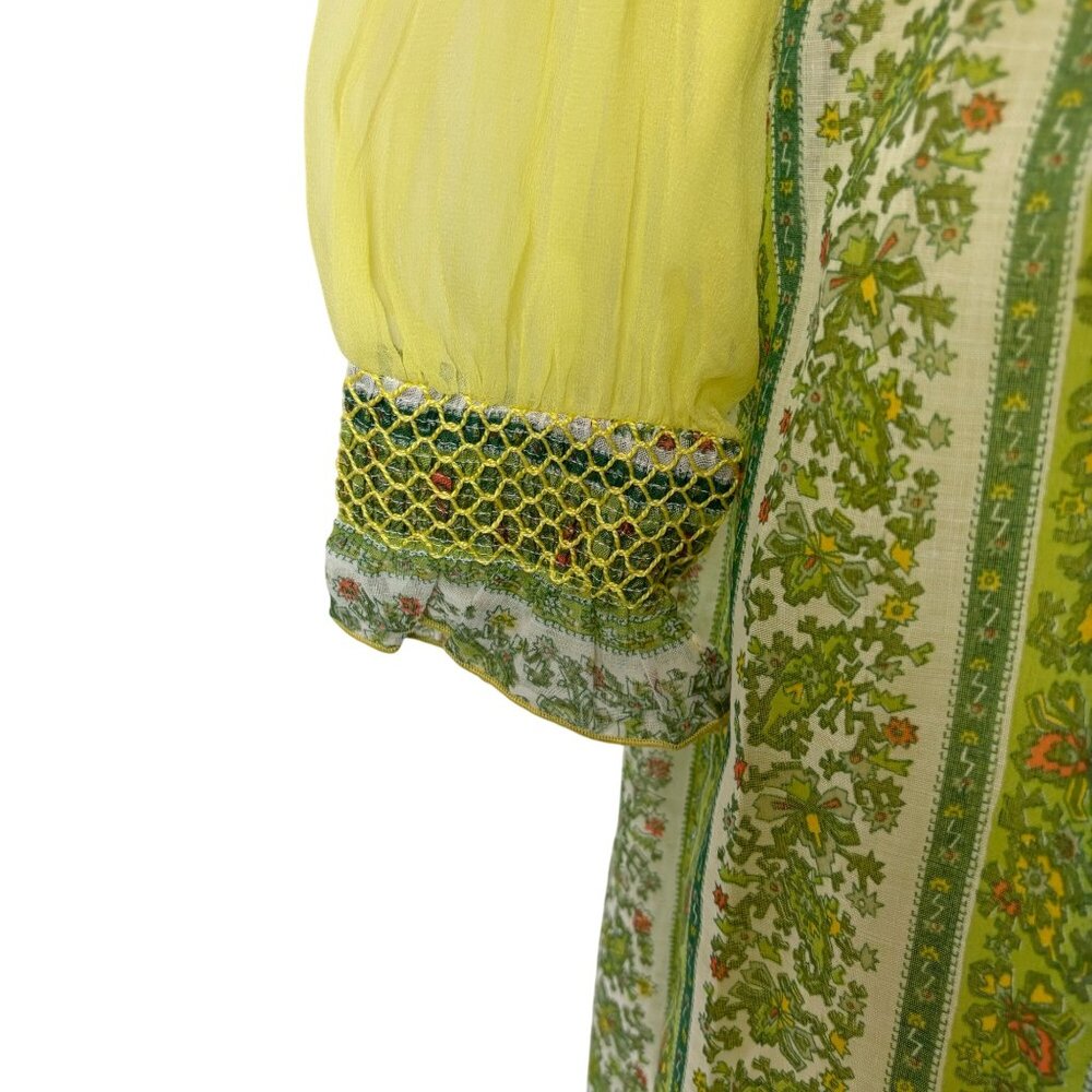 Vintage 70s Maxi Dress Juniors Sheer Yellow Chiffon Sleeves Printed Skirt Bow - Picture 5 of 13